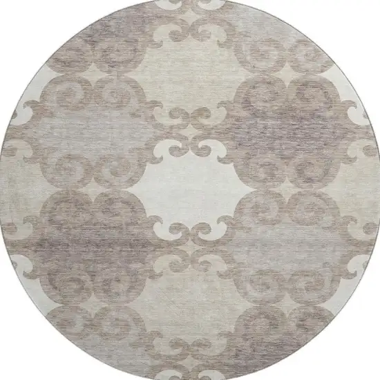 8' Taupe And Beige Trellis Washable Round Rug With UV Protection Photo 4