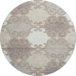 Photo of 8' Taupe And Beige Trellis Washable Round Rug With UV Protection