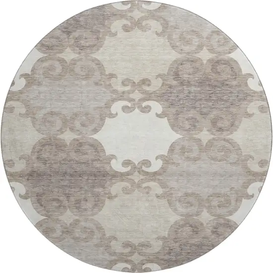 8' Taupe And Beige Trellis Washable Round Rug With UV Protection Photo 1