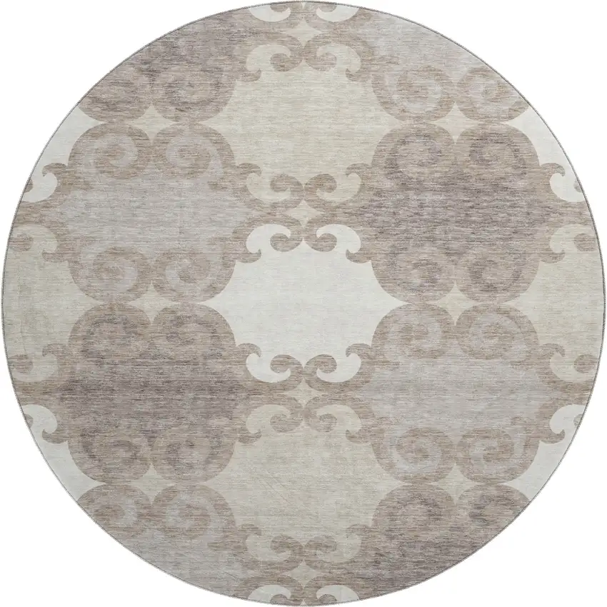 8' Taupe And Beige Trellis Washable Round Rug With UV Protection Photo 1