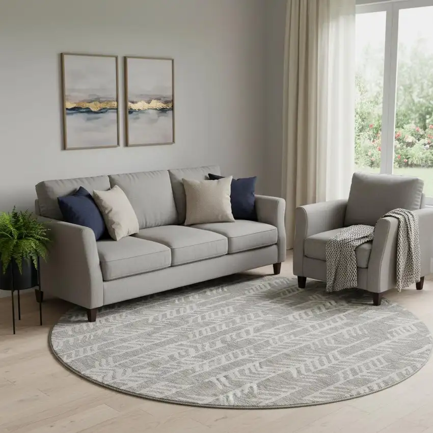 8' Taupe And Beige Tribal Washable Round Rug With UV Protection Photo 1