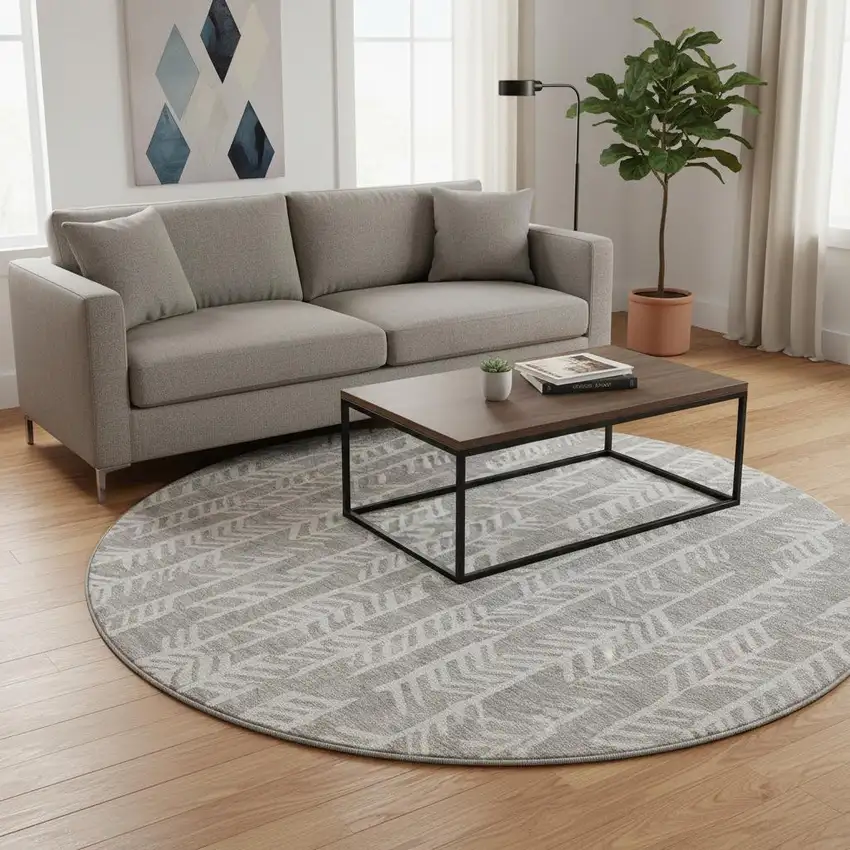 8' Taupe And Beige Tribal Washable Round Rug With UV Protection Photo 2