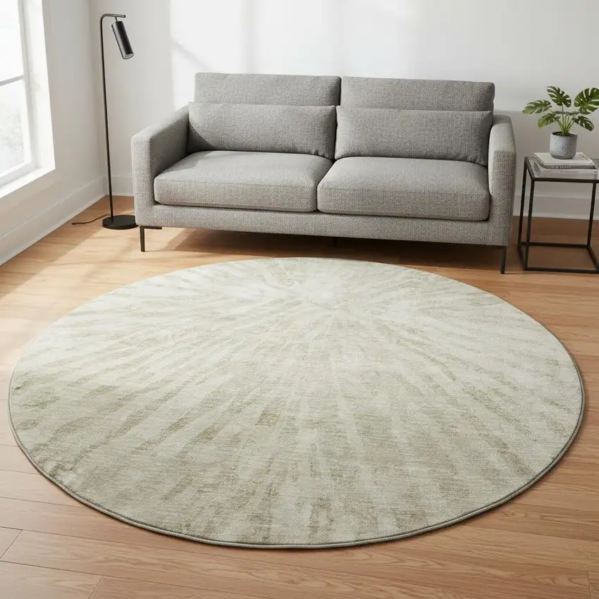8' Taupe And Beige Zebra Print Washable Round Rug With UV Protection Photo 2
