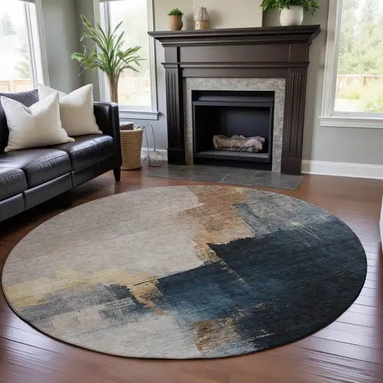8' Taupe And Blue Abstract Washable Round Rug With UV Protection Photo 3
