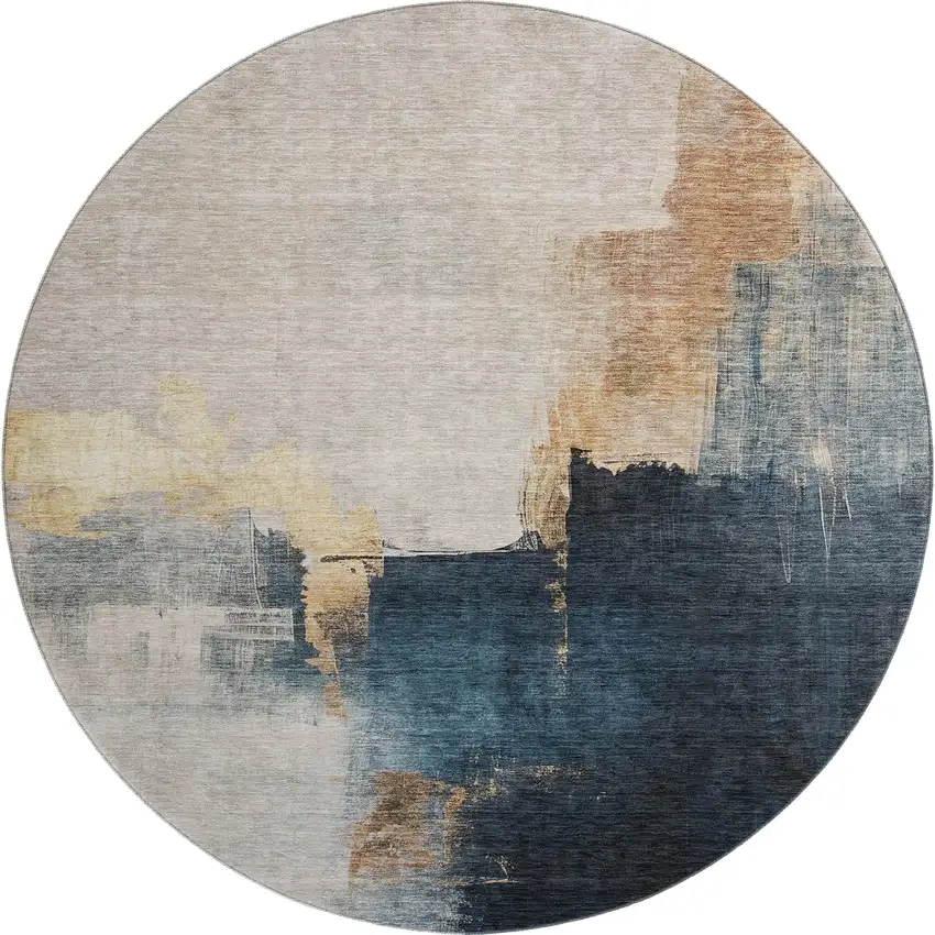 8' Taupe And Blue Abstract Washable Round Rug With UV Protection Photo 1