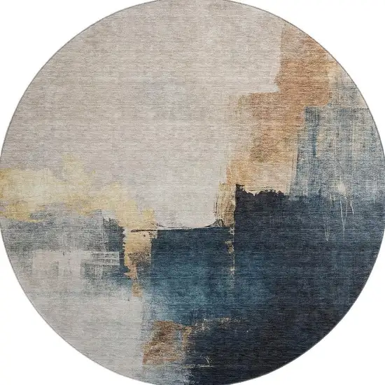 8' Taupe And Blue Abstract Washable Round Rug With UV Protection Photo 2