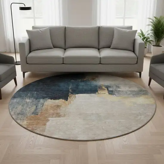 8' Taupe And Blue Abstract Washable Round Rug With UV Protection Photo 2
