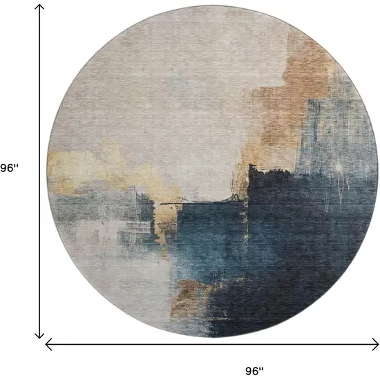 8' Taupe And Blue Abstract Washable Round Rug With UV Protection Photo 8