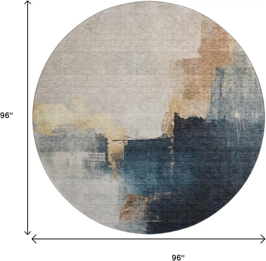 8' Taupe And Blue Abstract Washable Round Rug With UV Protection Photo 8