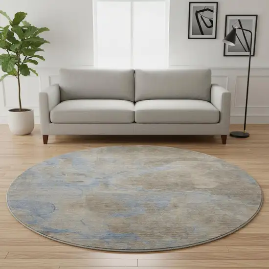 8' Taupe And Blue Abstract Washable Round Rug With UV Protection Photo 2
