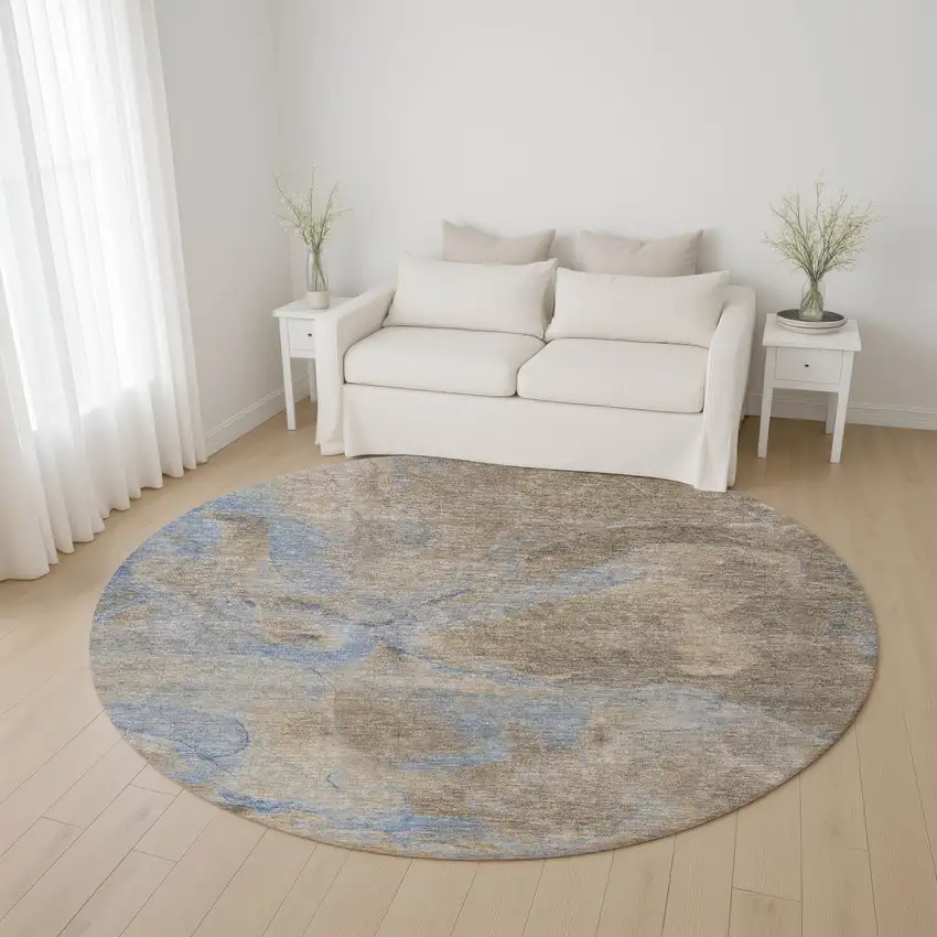 8' Taupe And Blue Abstract Washable Round Rug With UV Protection Photo 4