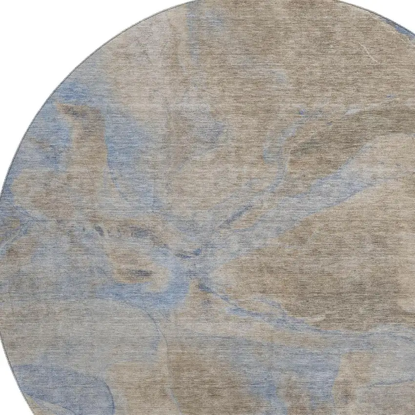 8' Taupe And Blue Abstract Washable Round Rug With UV Protection Photo 2