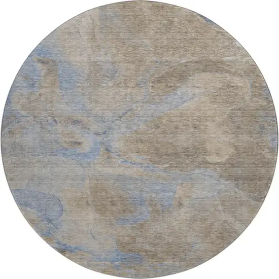 8' Taupe And Blue Abstract Washable Round Rug With UV Protection Photo 1