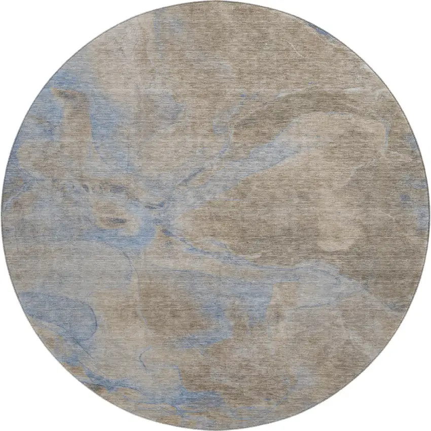 8' Taupe And Blue Abstract Washable Round Rug With UV Protection Photo 1