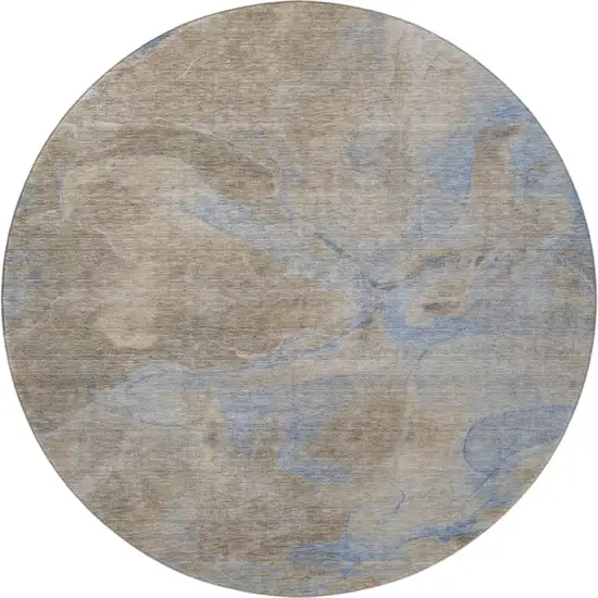 8' Taupe And Blue Abstract Washable Round Rug With UV Protection Photo 3