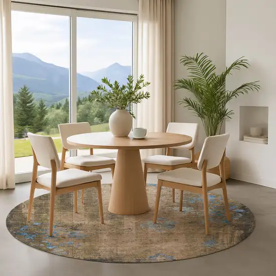 8' Taupe And Blue Floral Washable Round Rug With UV Protection Photo 4