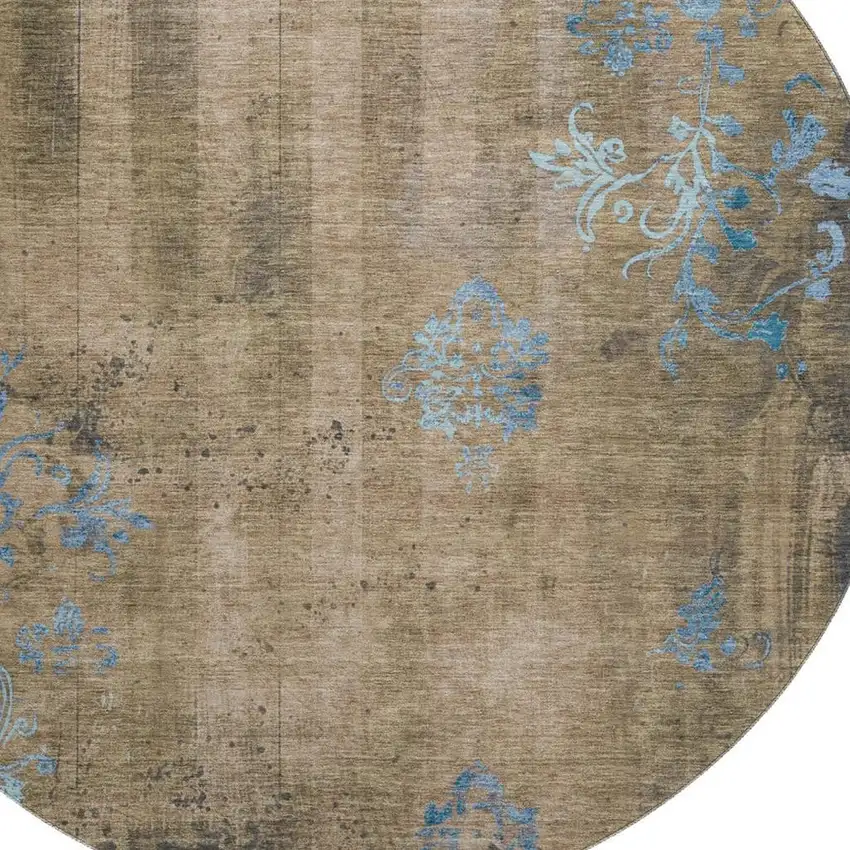 8' Taupe And Blue Floral Washable Round Rug With UV Protection Photo 2