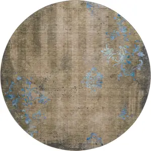 Photo of 8' Taupe And Blue Floral Washable Round Rug With UV Protection