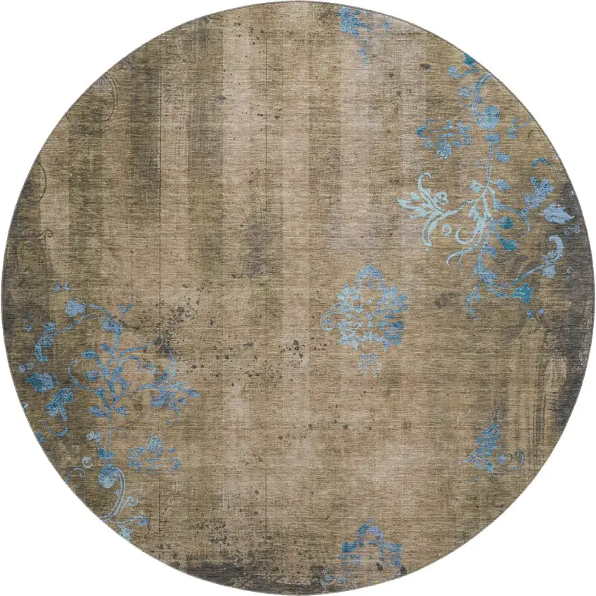 8' Taupe And Blue Floral Washable Round Rug With UV Protection Photo 1