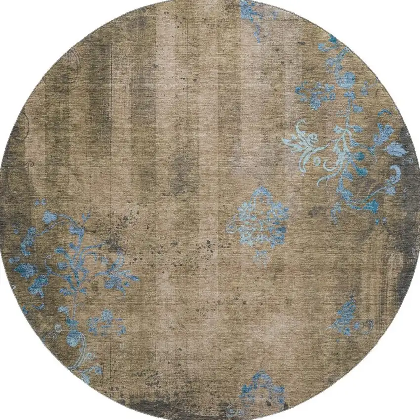 8' Taupe And Blue Floral Washable Round Rug With UV Protection Photo 3