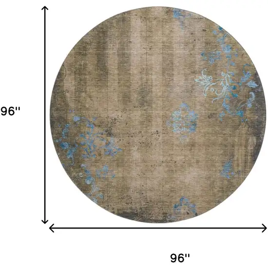 8' Taupe And Blue Floral Washable Round Rug With UV Protection Photo 9