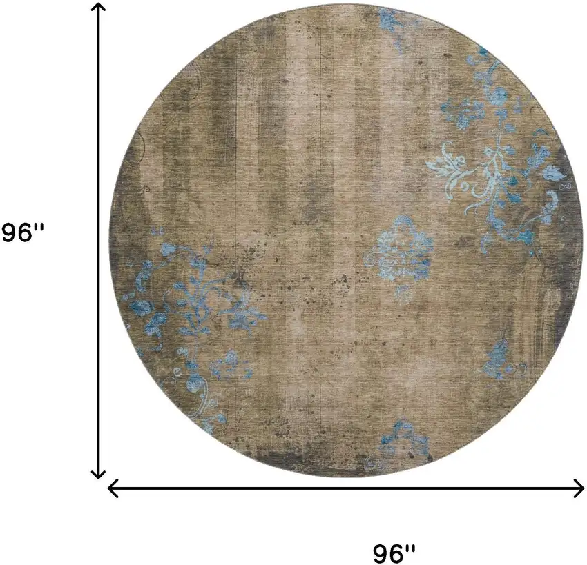 8' Taupe And Blue Floral Washable Round Rug With UV Protection Photo 9
