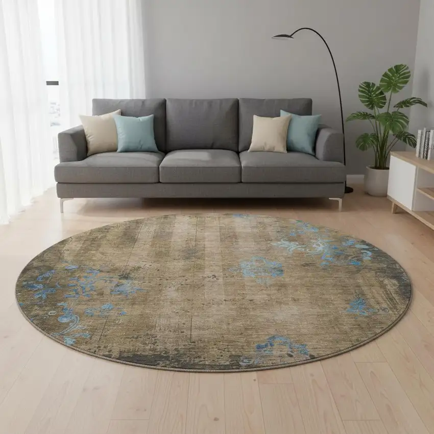 8' Taupe And Blue Floral Washable Round Rug With UV Protection Photo 2