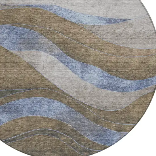 8' Taupe And Blue Round Abstract Washable Indoor Outdoor Area Rug Photo 8
