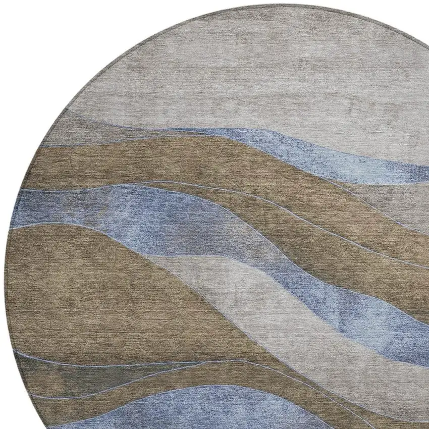 8' Taupe And Blue Round Abstract Washable Indoor Outdoor Area Rug Photo 4