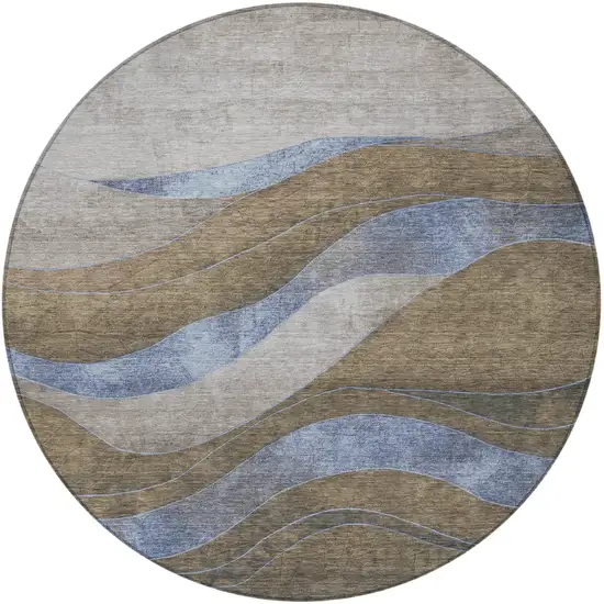 8' Taupe And Blue Round Abstract Washable Indoor Outdoor Area Rug Photo 3