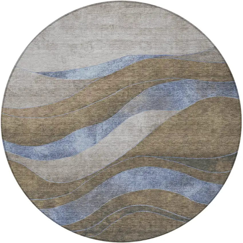 8' Taupe And Blue Round Abstract Washable Indoor Outdoor Area Rug Photo 3