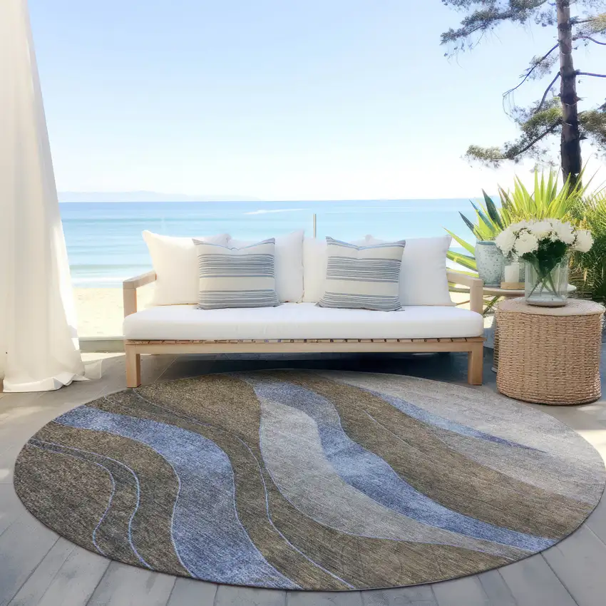 8' Taupe And Blue Round Abstract Washable Indoor Outdoor Area Rug Photo 5