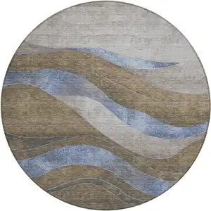 Photo of 8' Taupe And Blue Round Abstract Washable Indoor Outdoor Area Rug