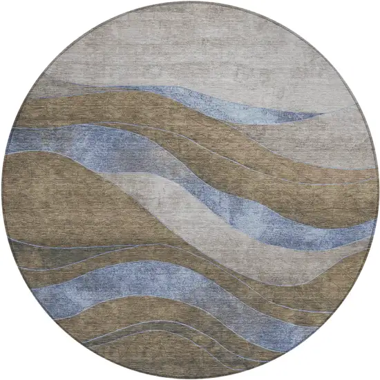 8' Taupe And Blue Round Abstract Washable Indoor Outdoor Area Rug Photo 1