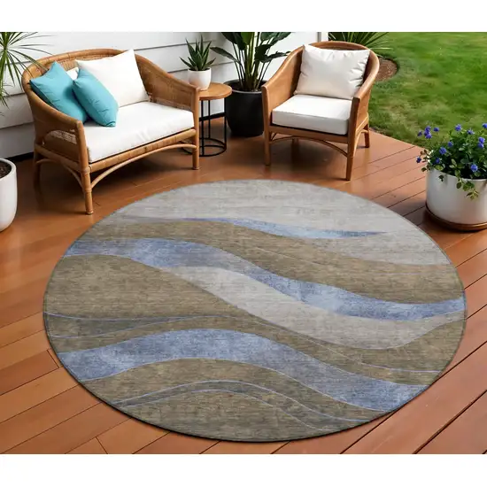 8' Taupe And Blue Round Abstract Washable Indoor Outdoor Area Rug Photo 2