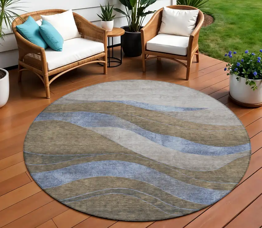 8' Taupe And Blue Round Abstract Washable Indoor Outdoor Area Rug Photo 2