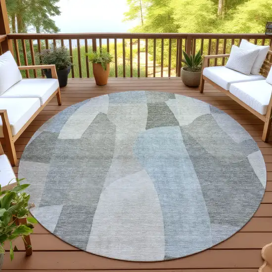 8' Taupe And Blue Round Abstract Washable Indoor Outdoor Area Rug Photo 4