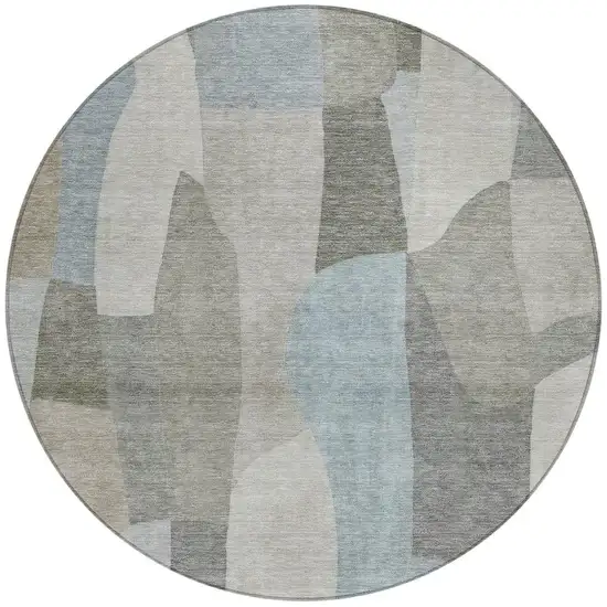 8' Taupe And Blue Round Abstract Washable Indoor Outdoor Area Rug Photo 3