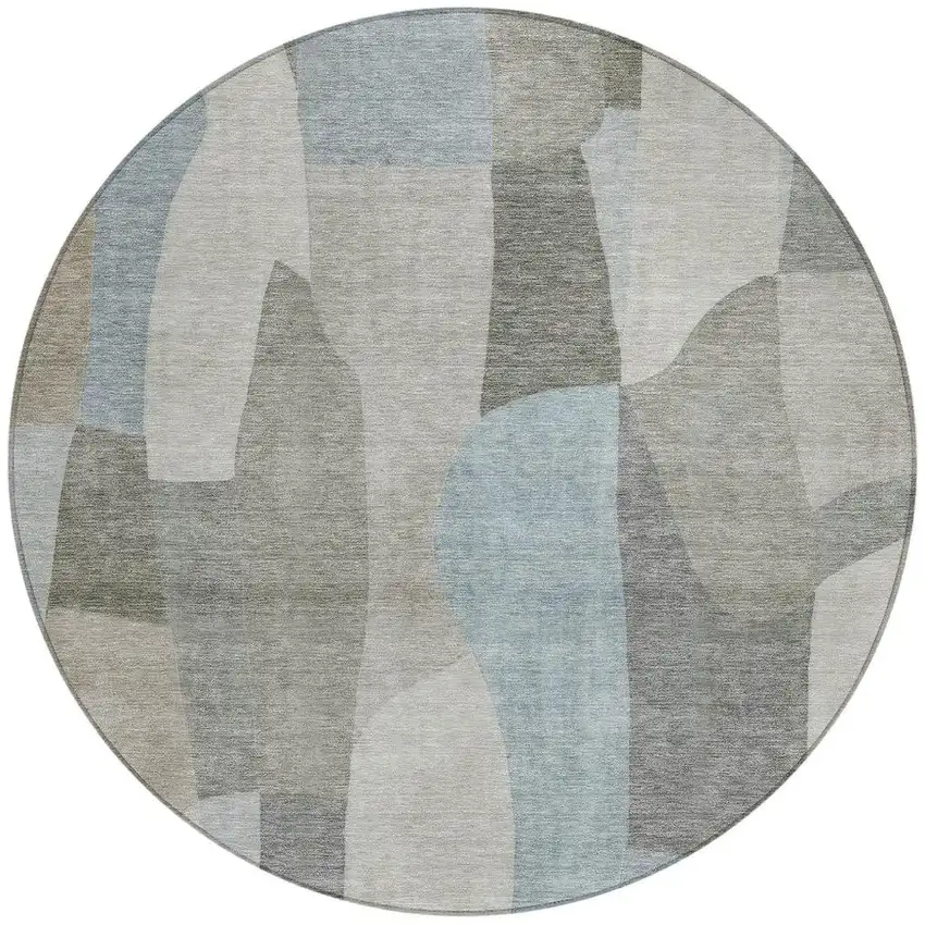8' Taupe And Blue Round Abstract Washable Indoor Outdoor Area Rug Photo 3