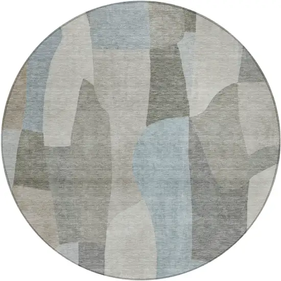 8' Taupe And Blue Round Abstract Washable Indoor Outdoor Area Rug Photo 1