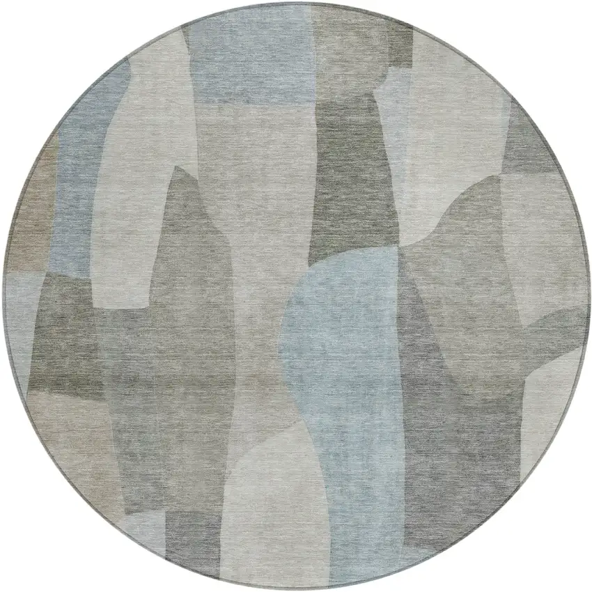 8' Taupe And Blue Round Abstract Washable Indoor Outdoor Area Rug Photo 1