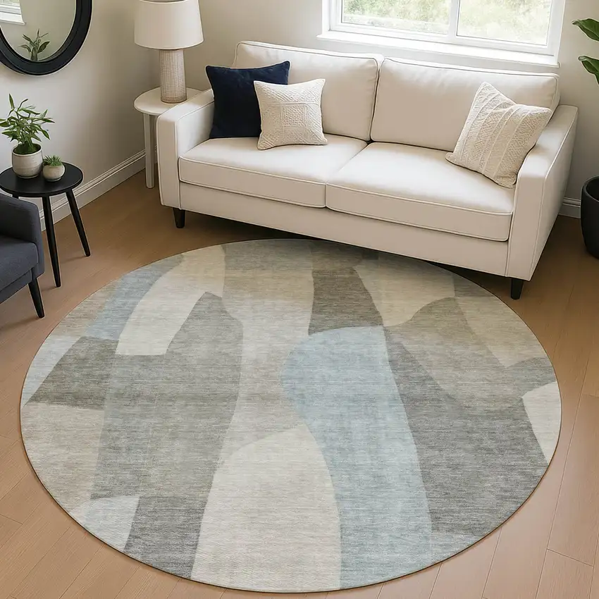 8' Taupe And Blue Round Abstract Washable Indoor Outdoor Area Rug Photo 5