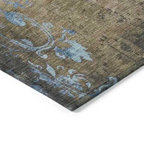 8' Taupe And Blue Round Floral Washable Indoor Outdoor Area Rug Photo 8