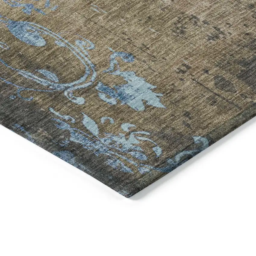 8' Taupe And Blue Round Floral Washable Indoor Outdoor Area Rug Photo 8