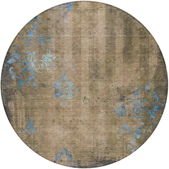 8' Taupe And Blue Round Floral Washable Indoor Outdoor Area Rug Photo 3
