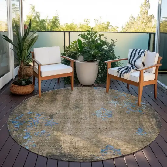8' Taupe And Blue Round Floral Washable Indoor Outdoor Area Rug Photo 6