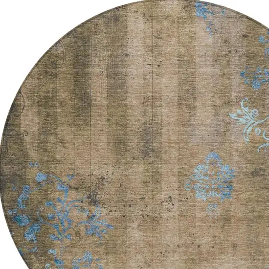 8' Taupe And Blue Round Floral Washable Indoor Outdoor Area Rug Photo 4