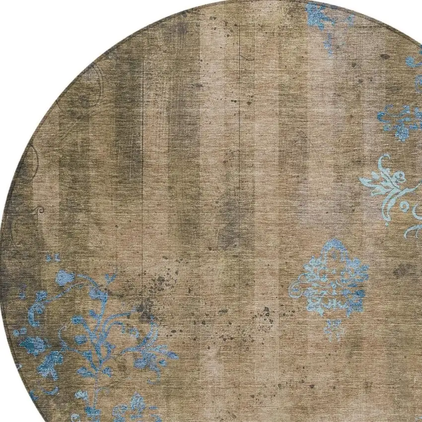8' Taupe And Blue Round Floral Washable Indoor Outdoor Area Rug Photo 4