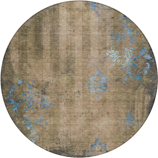 8' Taupe And Blue Round Floral Washable Indoor Outdoor Area Rug Photo 1