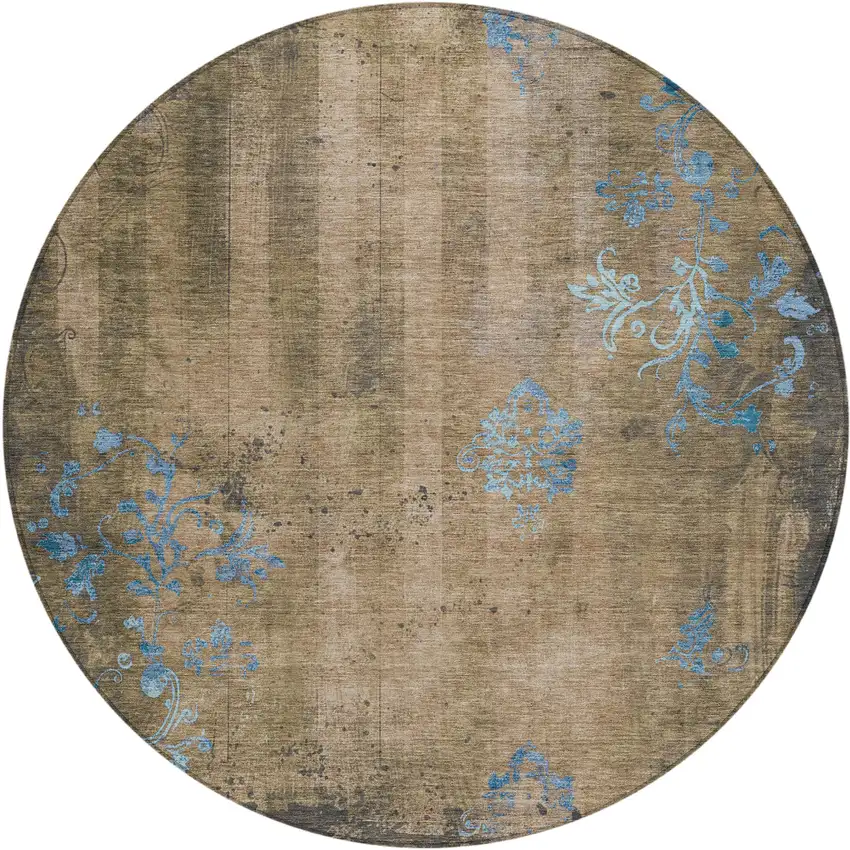 8' Taupe And Blue Round Floral Washable Indoor Outdoor Area Rug Photo 1